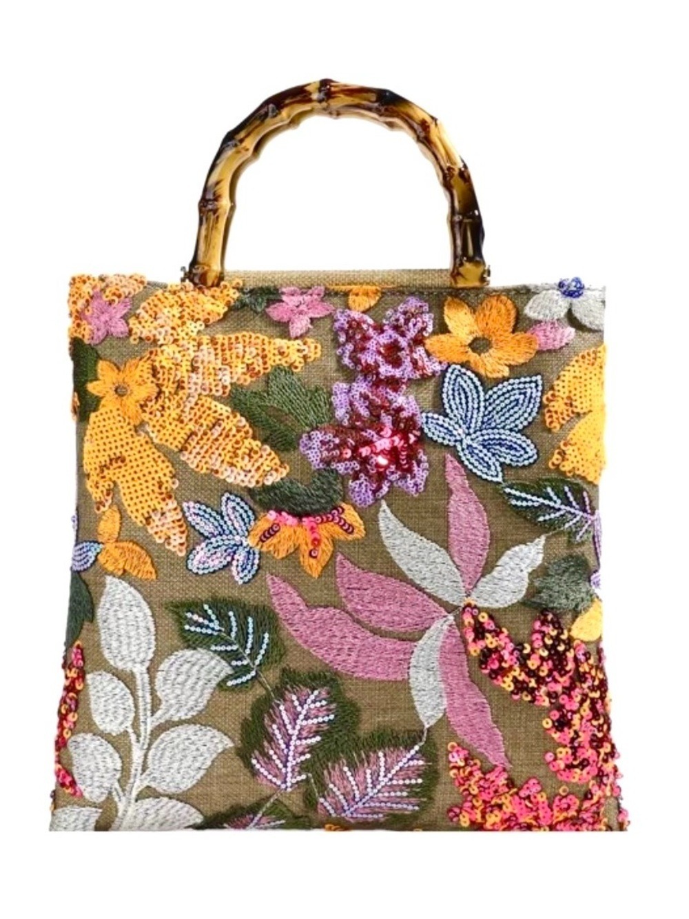 Sequin & Burlap Glam Floral Bamboo Handle Statement Medium-Size Tote Bag NWT